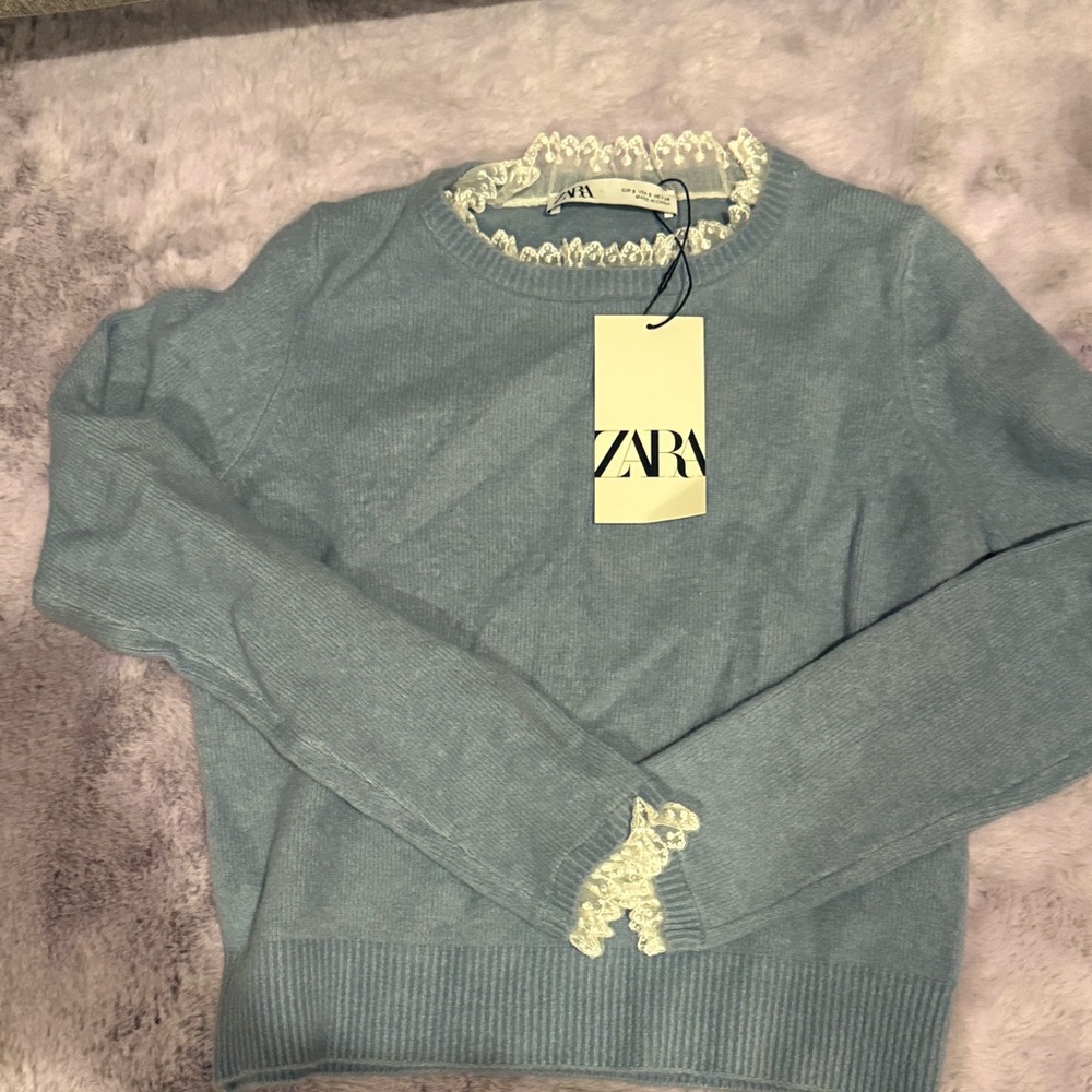 Zara Light Blue Sweater with Cream Trim